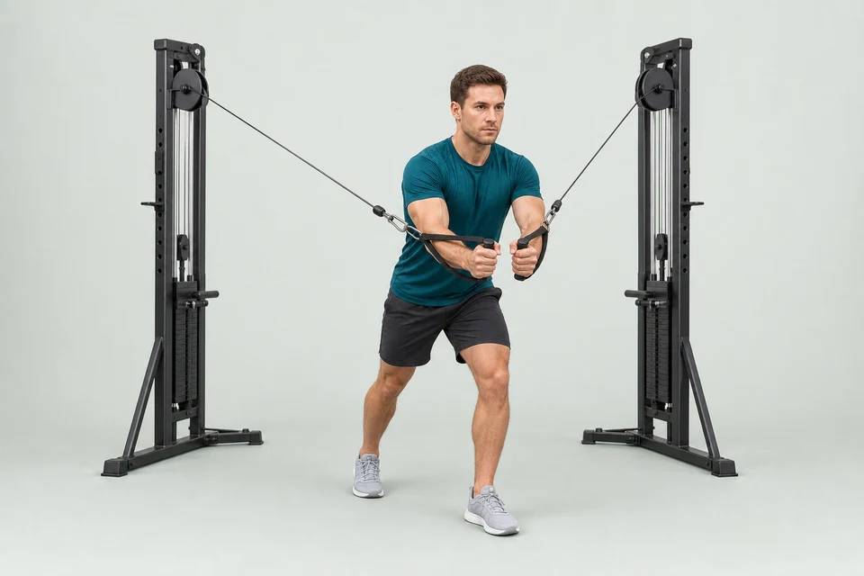 Standing cable fly in a staggered stance, hands together in front of the chest and cables attached behind on both sides.
