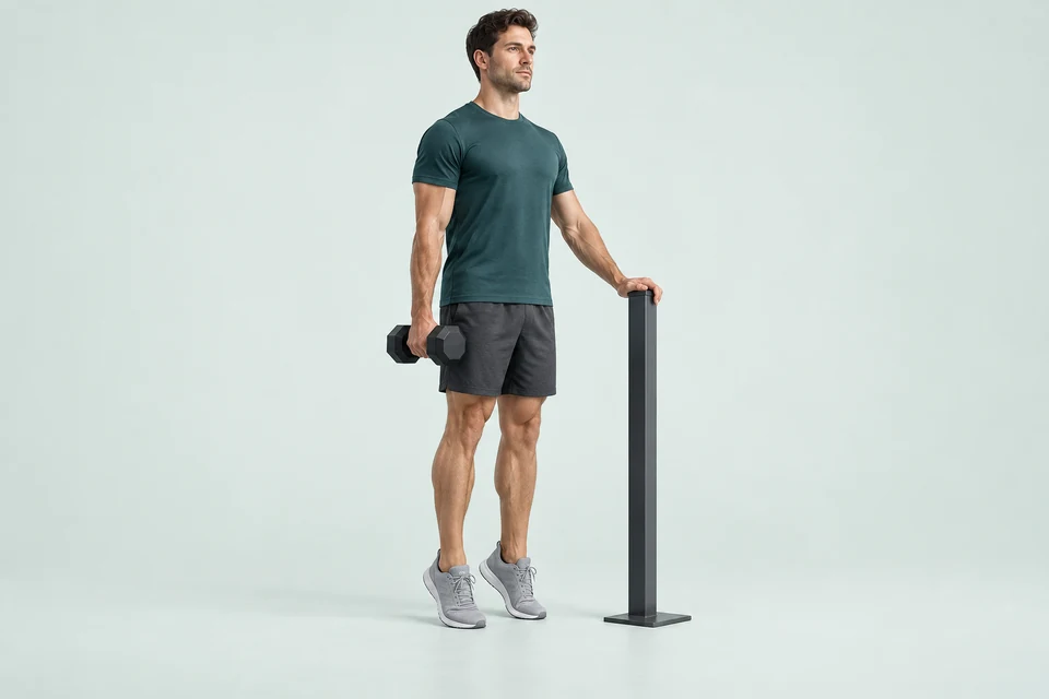 Standing calf raise on level floor with both heels lifted, one dumbbell at the side and the other hand on a support.