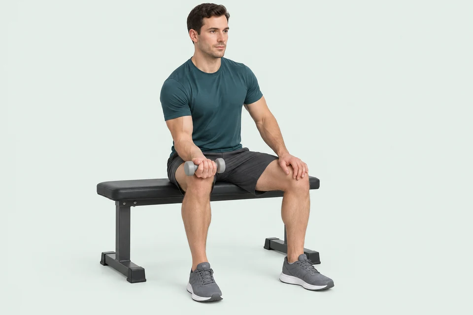 Seated athlete with a forearm supported on the thigh, straight wrist and a small dumbbell held palm-up.