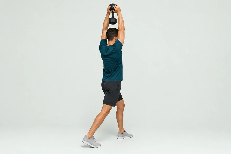 Two-hand overhead triceps extension with one dumbbell held above the head and elbows pointing forward.