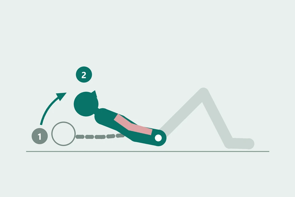 Side view of a torso curling from a lying start (1, dashed) to a raised upper-back position (2, teal).