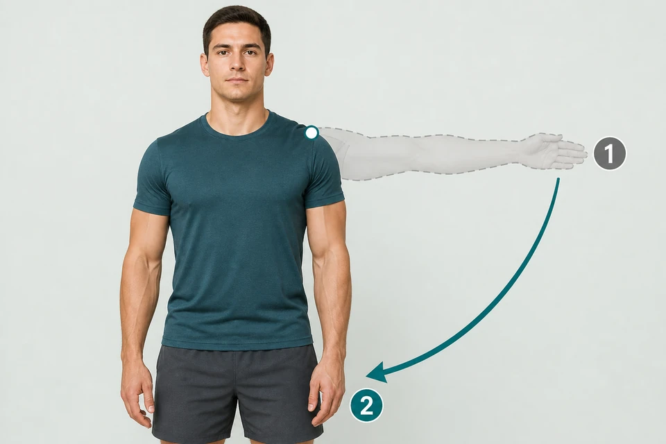 Front view of a man: the gray dashed arm starts out to the side at marker 1. A curved arrow points down to the lowered hand beside the body at marker 2.
