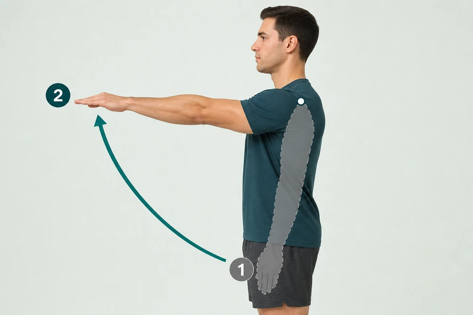 Side view of a man: the gray dashed arm hangs beside the body at marker 1. An arrow points forward and up to the straight arm at shoulder height, marked 2.