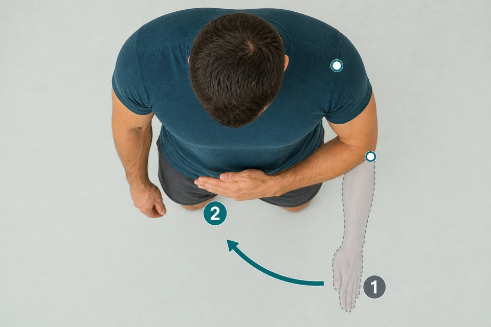 Overhead view of a man with the elbow bent and fixed beside the body. The gray dashed forearm points forward at marker 1; an arrow leads inward toward the abdomen at marker 2.