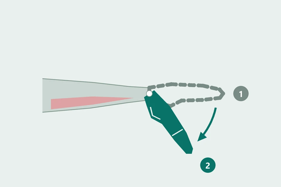 Side view, palm facing down: the hand moves from a straight wrist (1, dashed) toward the palm side (2, teal).