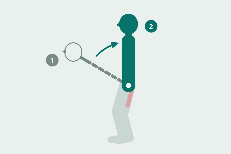 Side view: the torso moves from a forward hip hinge (1, dashed) to upright (2, teal).