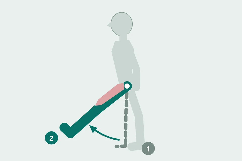 Side view: a straight leg moves from beneath the pelvis (1, dashed) to a forward-raised position (2, teal), with the torso steady.