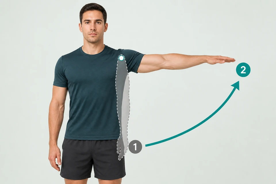 Front view of a man: the gray dashed arm begins beside the body at marker 1. A curved arrow leads outward and up to the arm at shoulder height, marked 2.