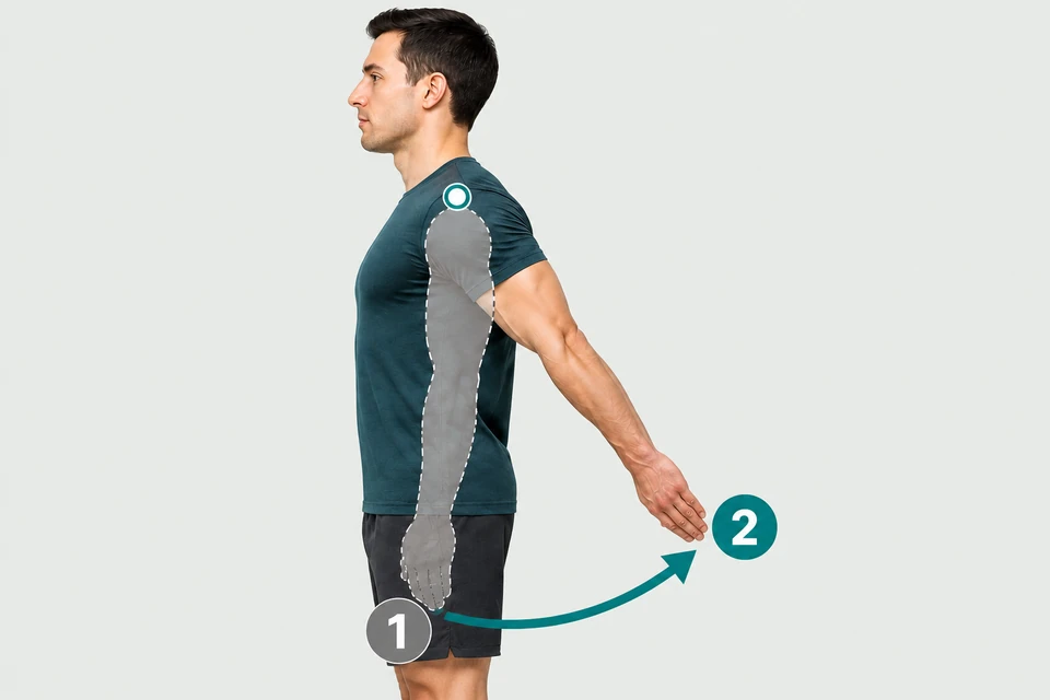 Side view of a man: a curved arrow leads from the gray dashed arm beside the body at marker 1 to the straight arm behind the hip at marker 2.
