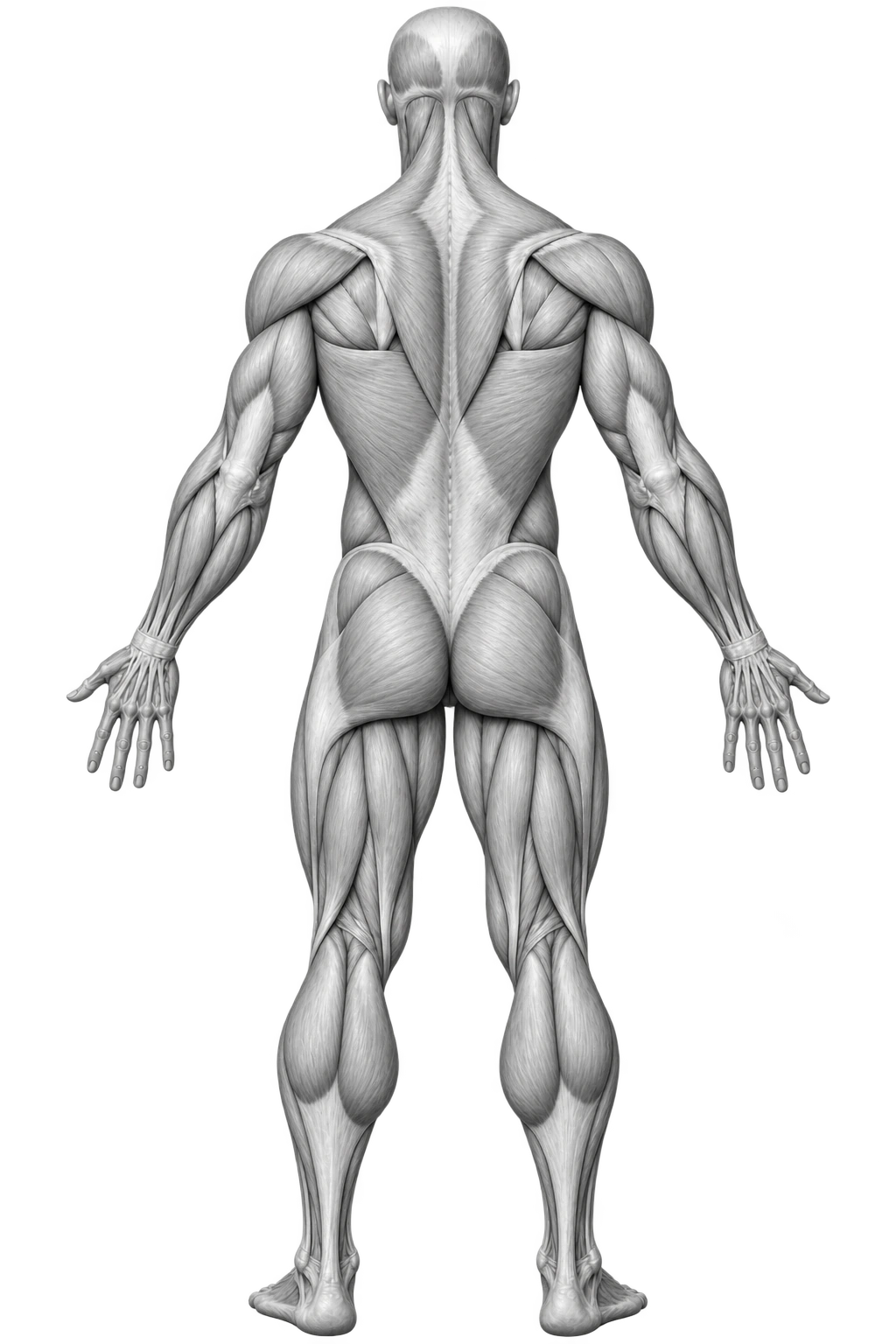 Back view of the human muscular system with the trapezius highlighted