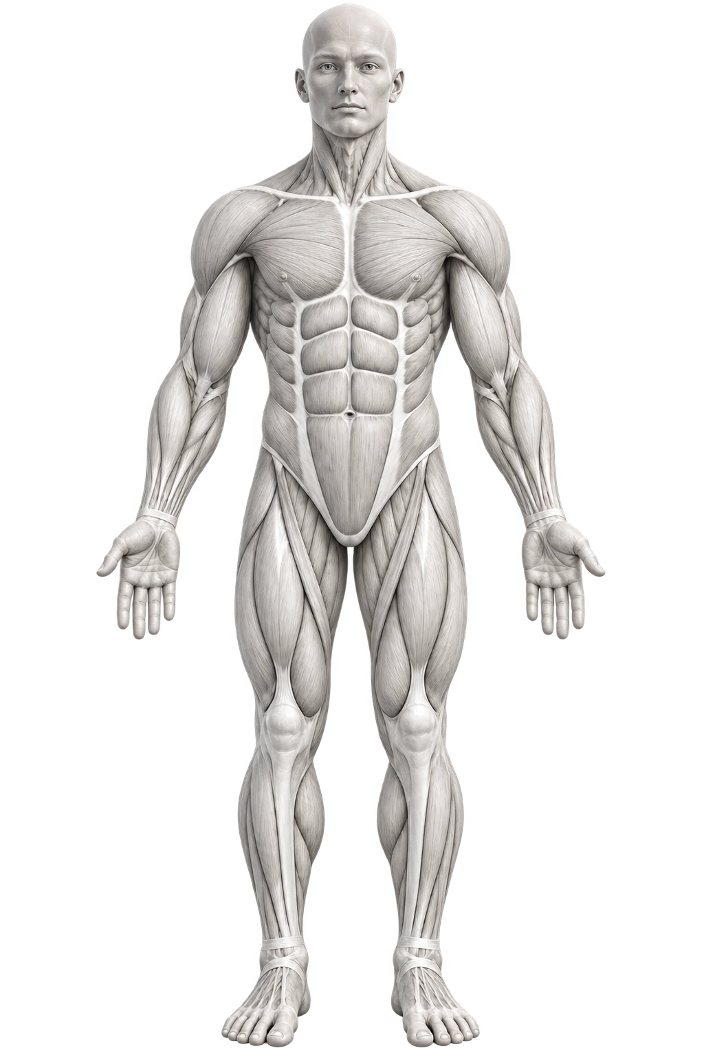 Front view of a human fitness model with highlighted muscle regions